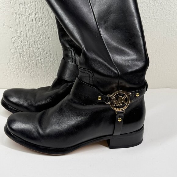 Michael Kors Fulton Harness Riding Boots Black Brown Leather Size 6.5M - Picture 6 of 12